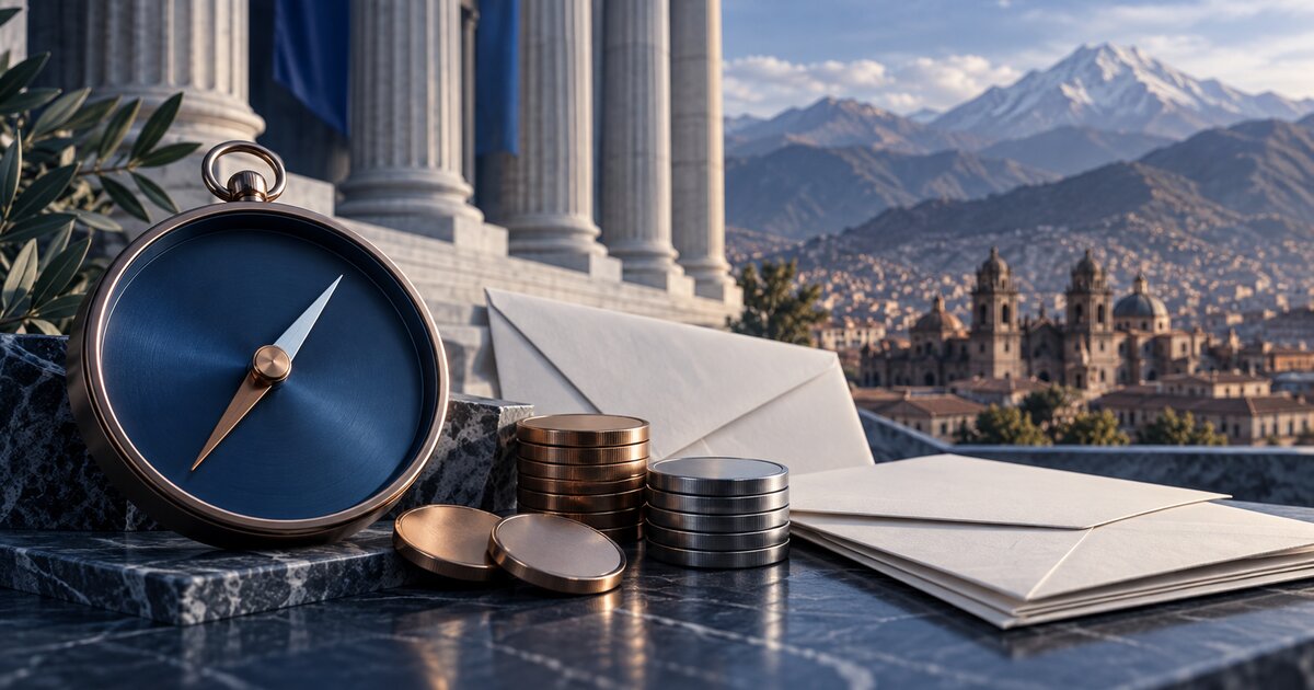 Brújula azul, sobres y monedas sobre una mesa frente a una arquitectura institucional y montañas