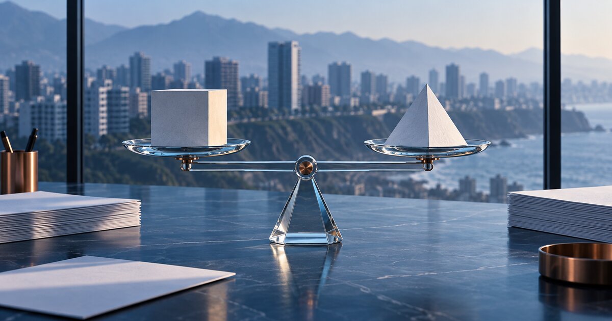 Balanza de vidrio con formas geométricas sobre una mesa y una ciudad andina al fondo
