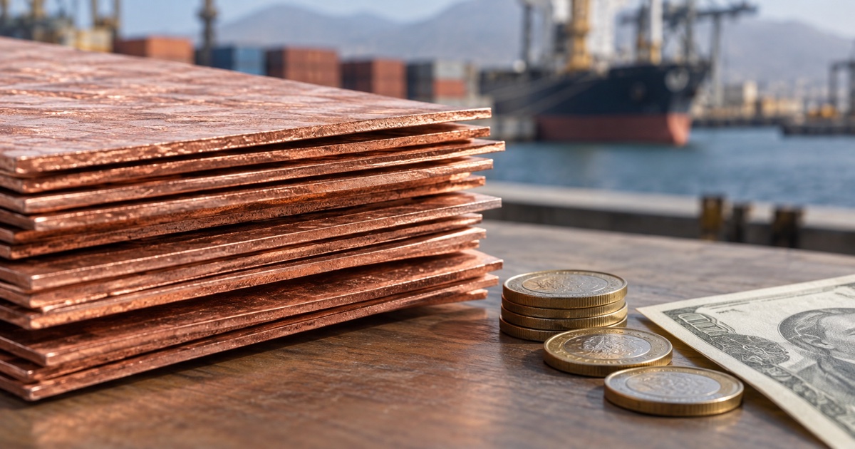 Cátodos de cobre junto a monedas de sol y dólar sobre una mesa de comercio exterior