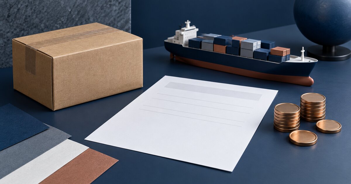 Paquete de cartón, barco de carga en miniatura y factura en blanco junto a monedas
