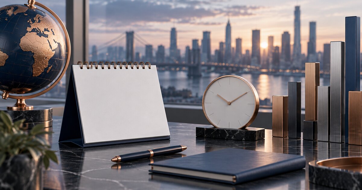 Calendario en blanco, reloj y bloques metálicos de alturas distintas frente a una ciudad