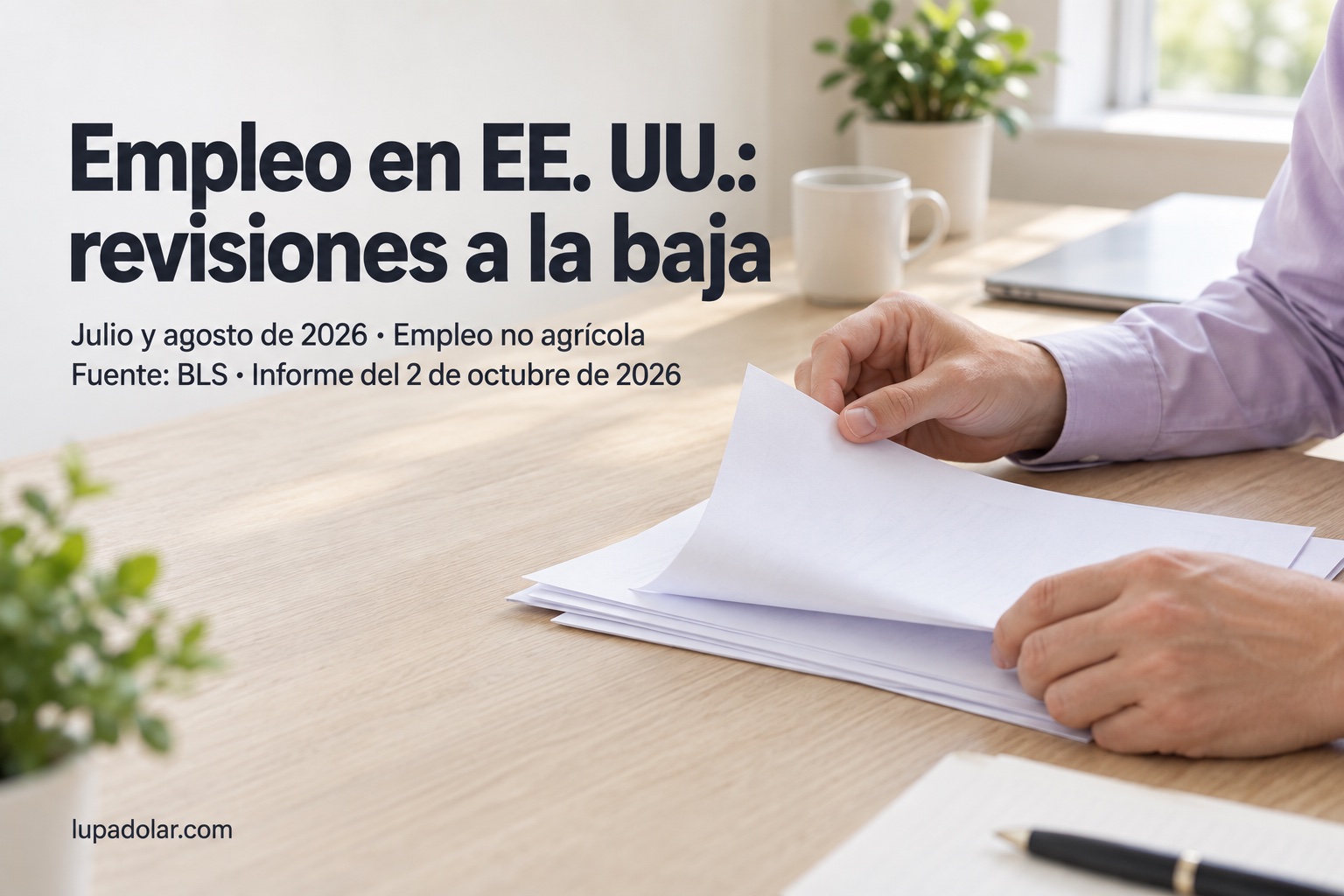 Manos revisan papeles sobre un escritorio claro. Texto: Empleo en EE. UU.: revisiones a la baja; julio y agosto de 2026, empleo no agrícola; fuente BLS, informe del 2 de octubre de 2026.