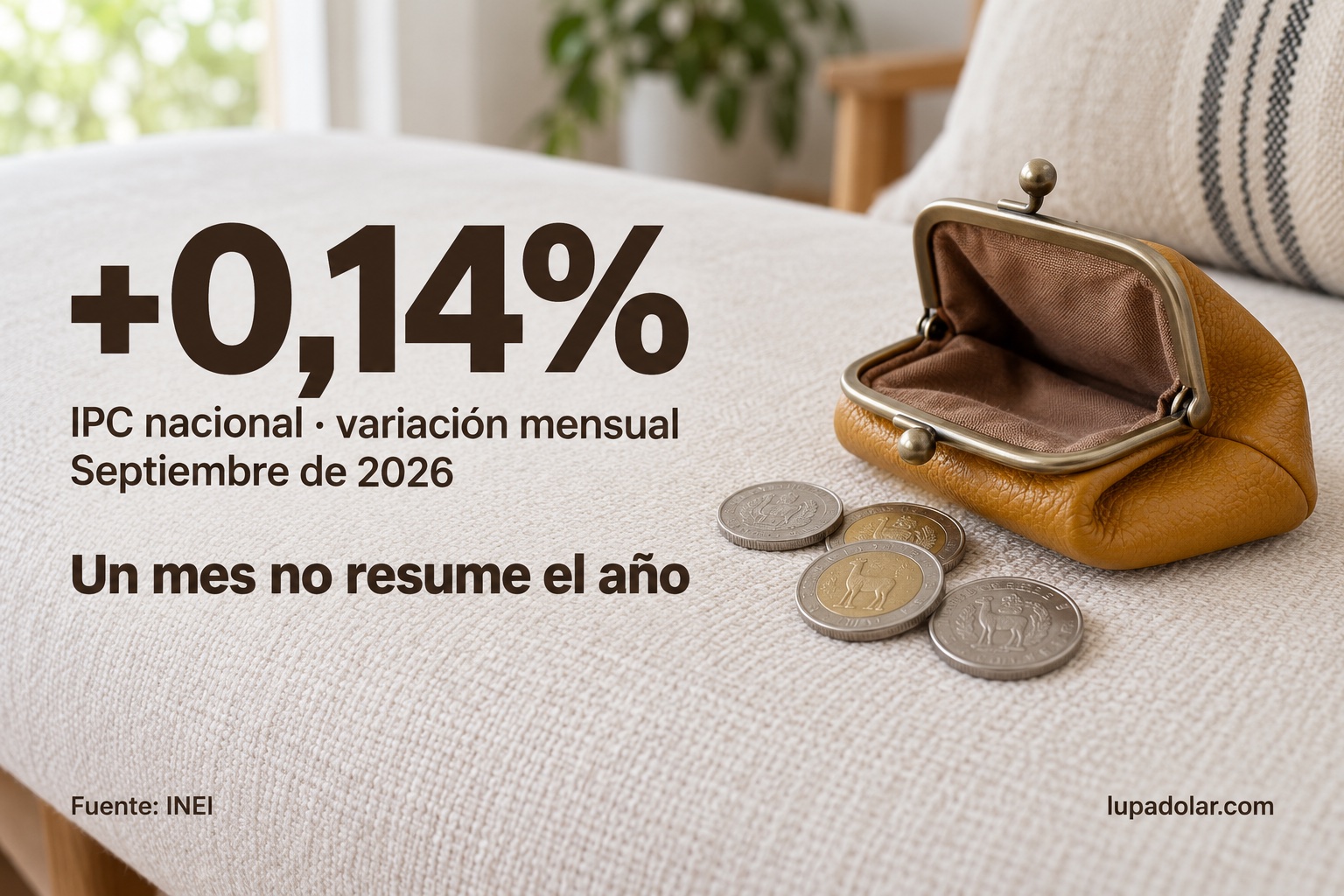 Monedero ocre con monedas de sol sobre una banca clara. Texto: +0,14%, IPC nacional, variación mensual, septiembre de 2026; Un mes no resume el año; fuente INEI.