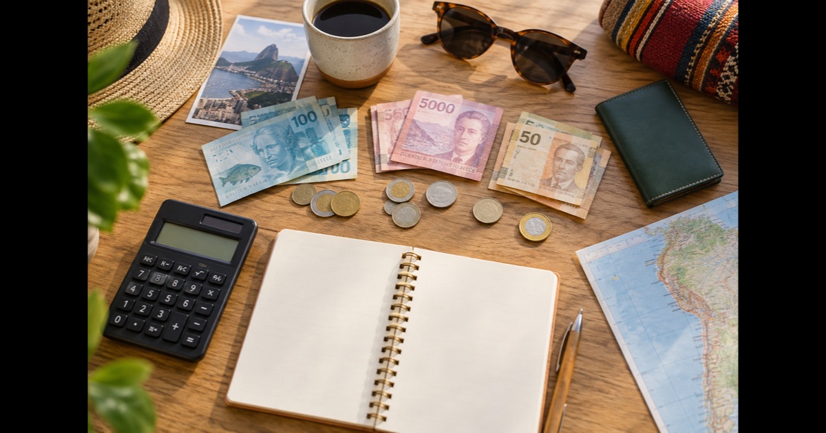 Billetes de reales y pesos sudamericanos junto a una calculadora y un cuaderno de viaje